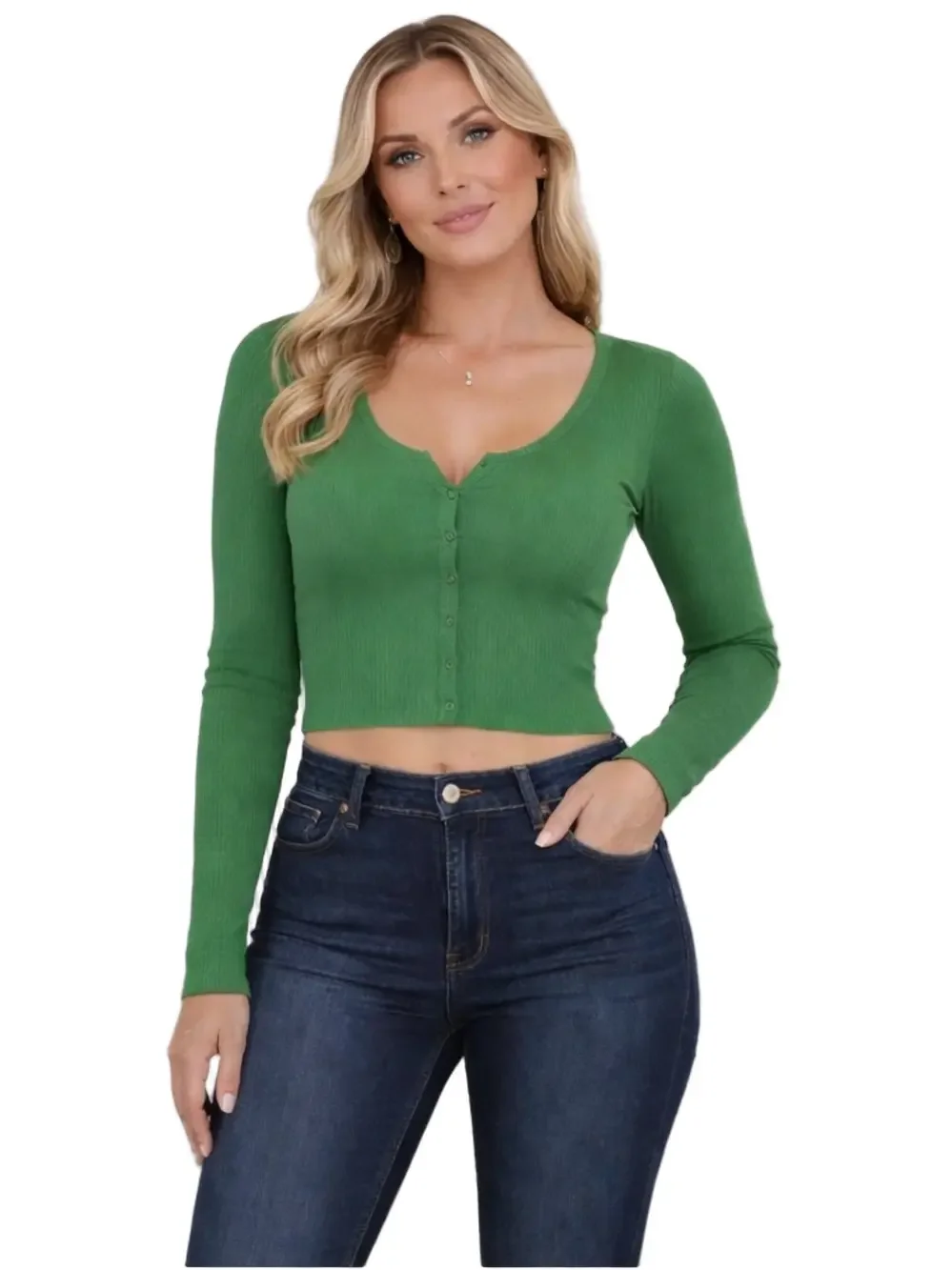 Zara Green Ribbed Button Front Crop Top XS Long Sleeve Fitted Knit